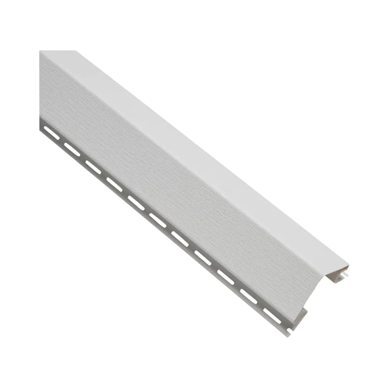 The Go Build 3 in. x 3/4 in. Outside Corner Post - White is made from durable vinyl with a textured finish, right-angle profile, and install holes along one edge. Includes limited lifetime warranty.